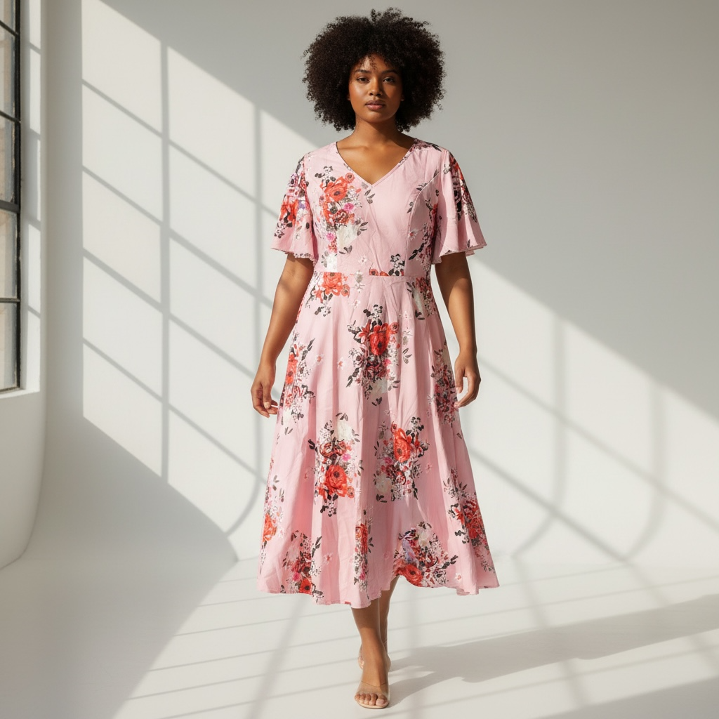V neck ruffle sleeve floral print dress