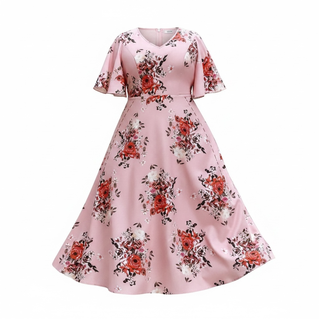 V neck ruffle sleeve floral print dress