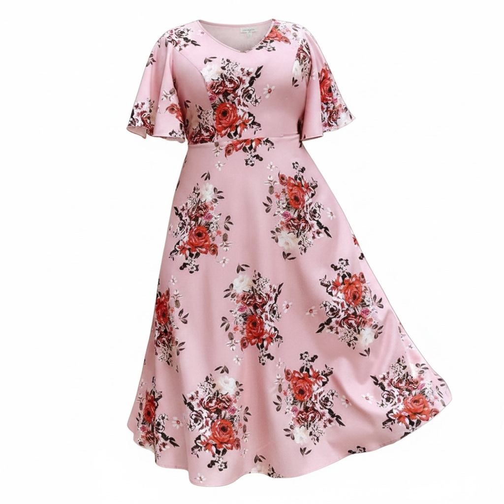V neck ruffle sleeve floral print dress