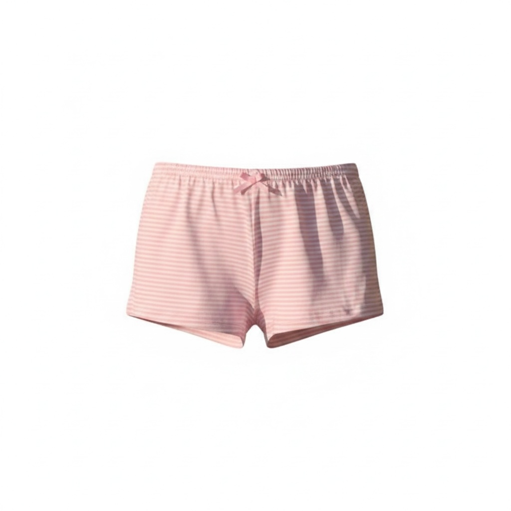 Bright & Bloom pink and white striped pajama shorts with a small bow accent on the elastic waistband.