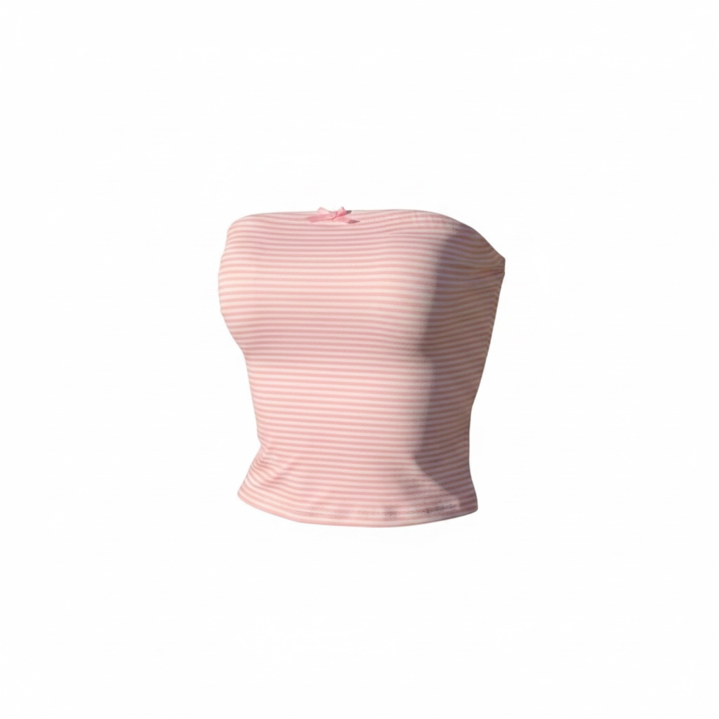 Bright & Bloom pink and white striped tube top pajama set with bow accent. Soft, breathable fabric.